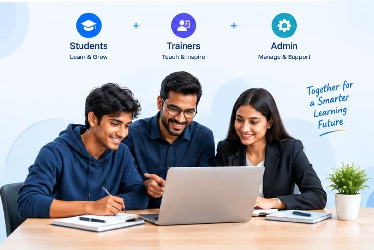 Students, a trainer and an administrator working together on a laptop
