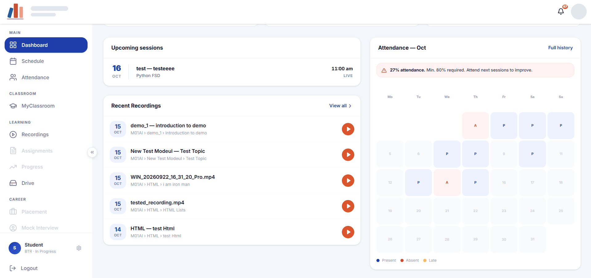 Lower half of the Rayy LMS student dashboard showing upcoming sessions, a Recent Recordings list and a monthly attendance calendar