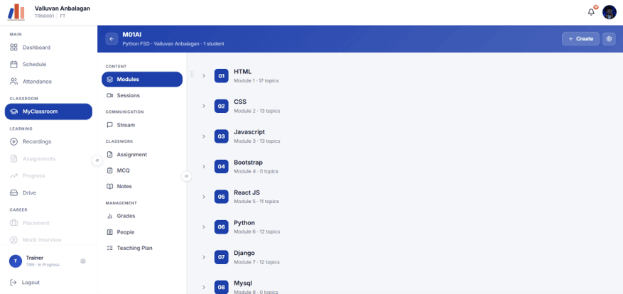 Rayy LMS Trainer Portal — Classroom course modules