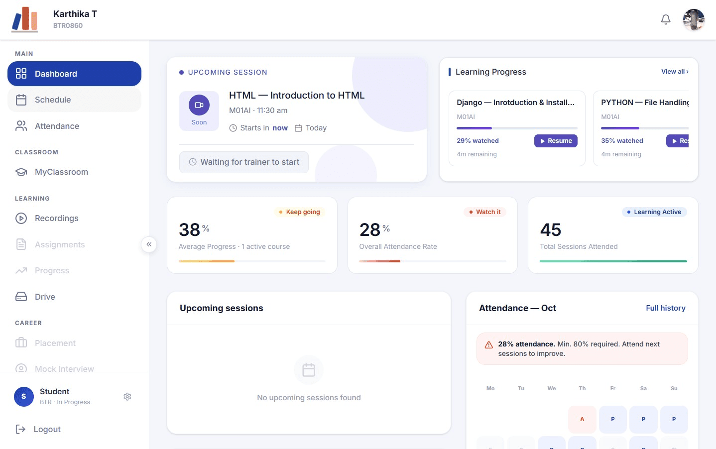 Rayy LMS Student Dashboard — Learning Progress and Attendance