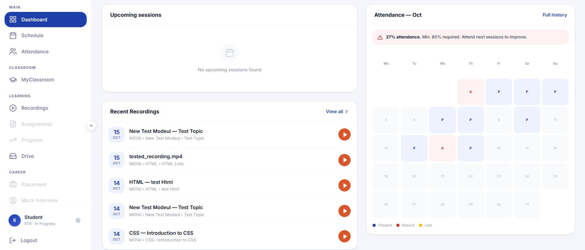 Rayy LMS web interface: student dashboard showing upcoming sessions, a list of recent recordings and a monthly attendance calendar
