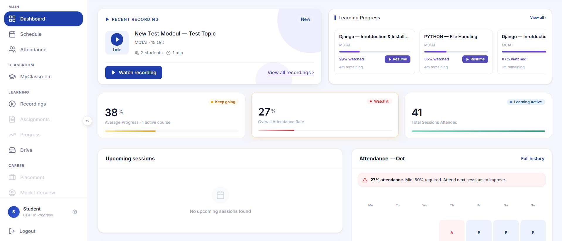 Rayy LMS web interface: student dashboard with a recent recording, course learning progress, average progress, attendance rate and sessions attended