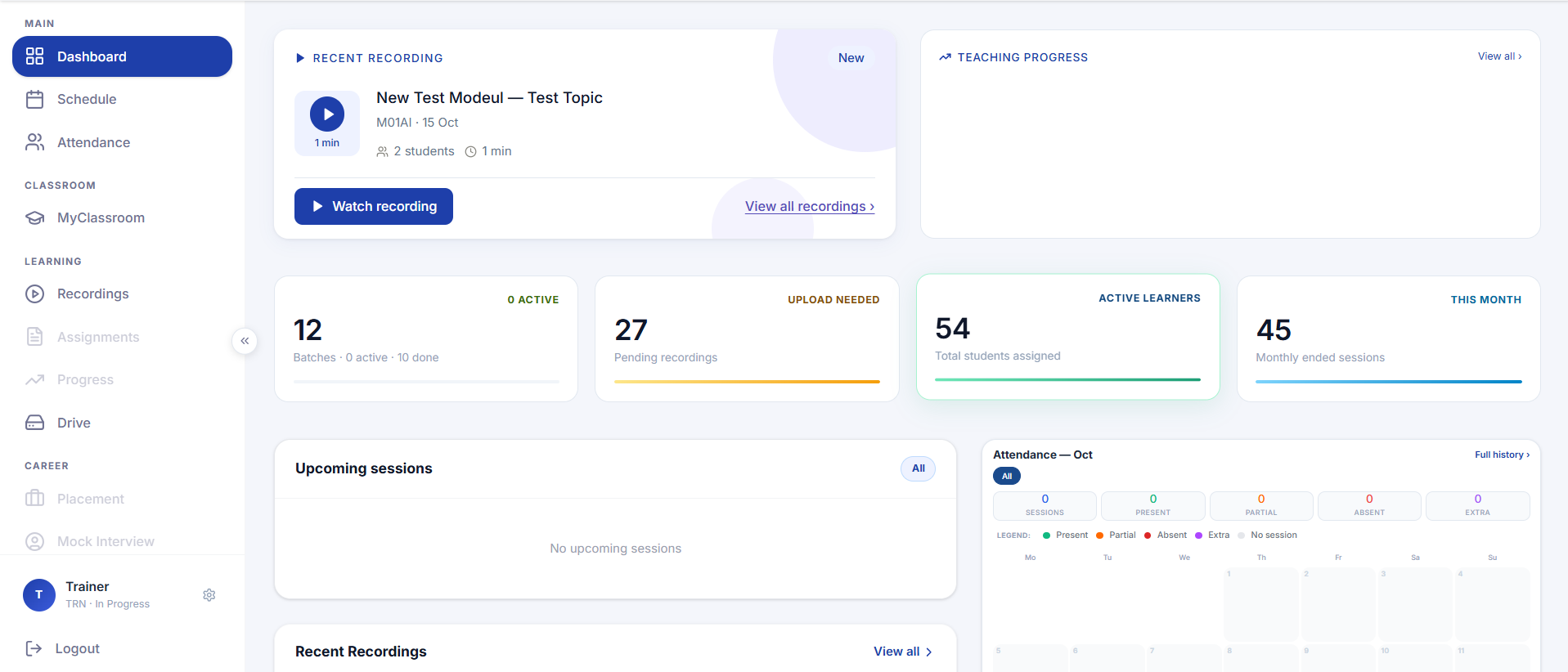 Rayy LMS web interface: trainer dashboard showing batches, pending recordings, total students assigned, monthly sessions and an attendance calendar