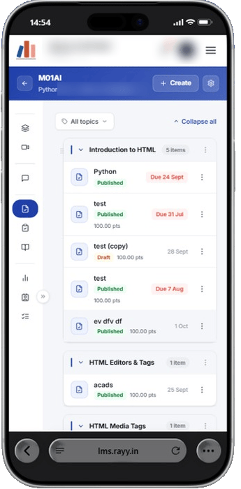 Animated tour of Rayy LMS in a phone browser (trainer view): course topics, attendance, dashboard, modules, MyClassroom, Drive and quizzes, each laid out in a single column